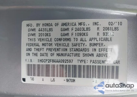 2010 Honda Accord 2.4 Ex-L из США, поврежденный, VIN 1HGCP2F84AA092597